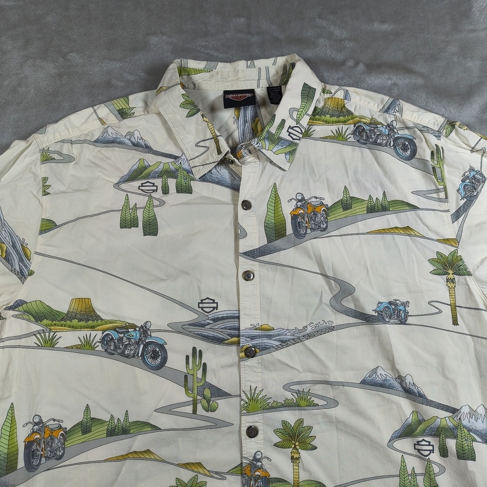 Harley Davidson Shirt Mens XL Button Up Motorcycle All Over Print Biker Stretch‎